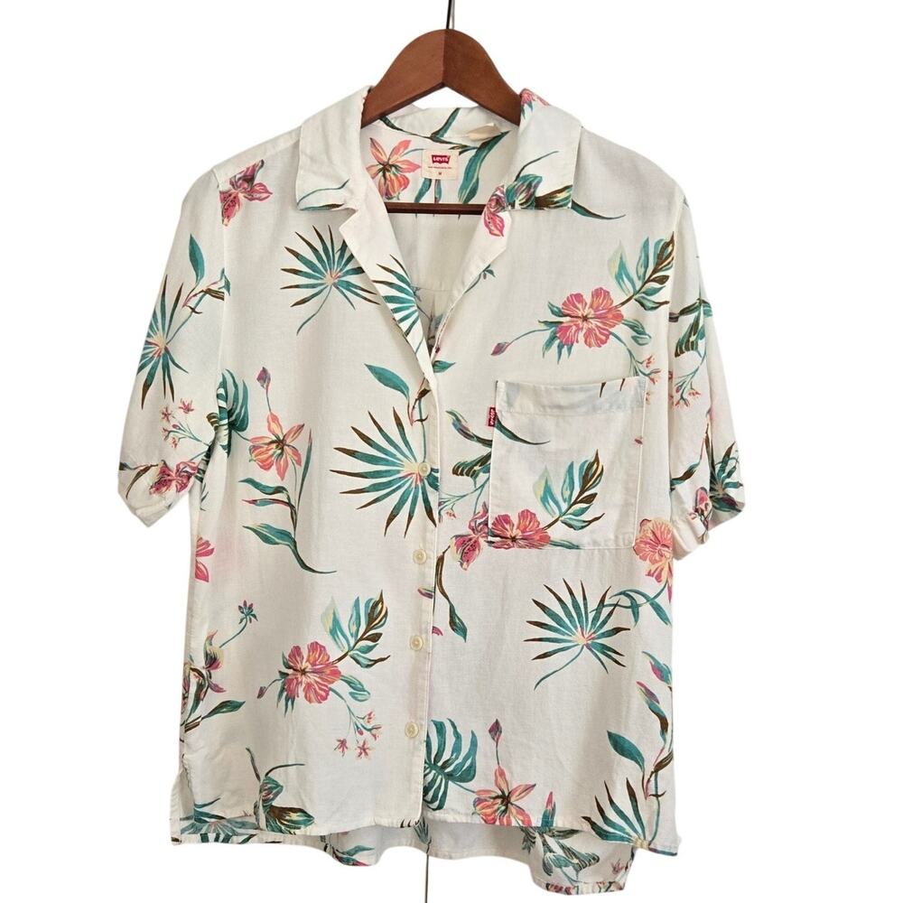Levi's Coastal Casual White Tropical Retro Floral Button‑Up Shirt Size Medium